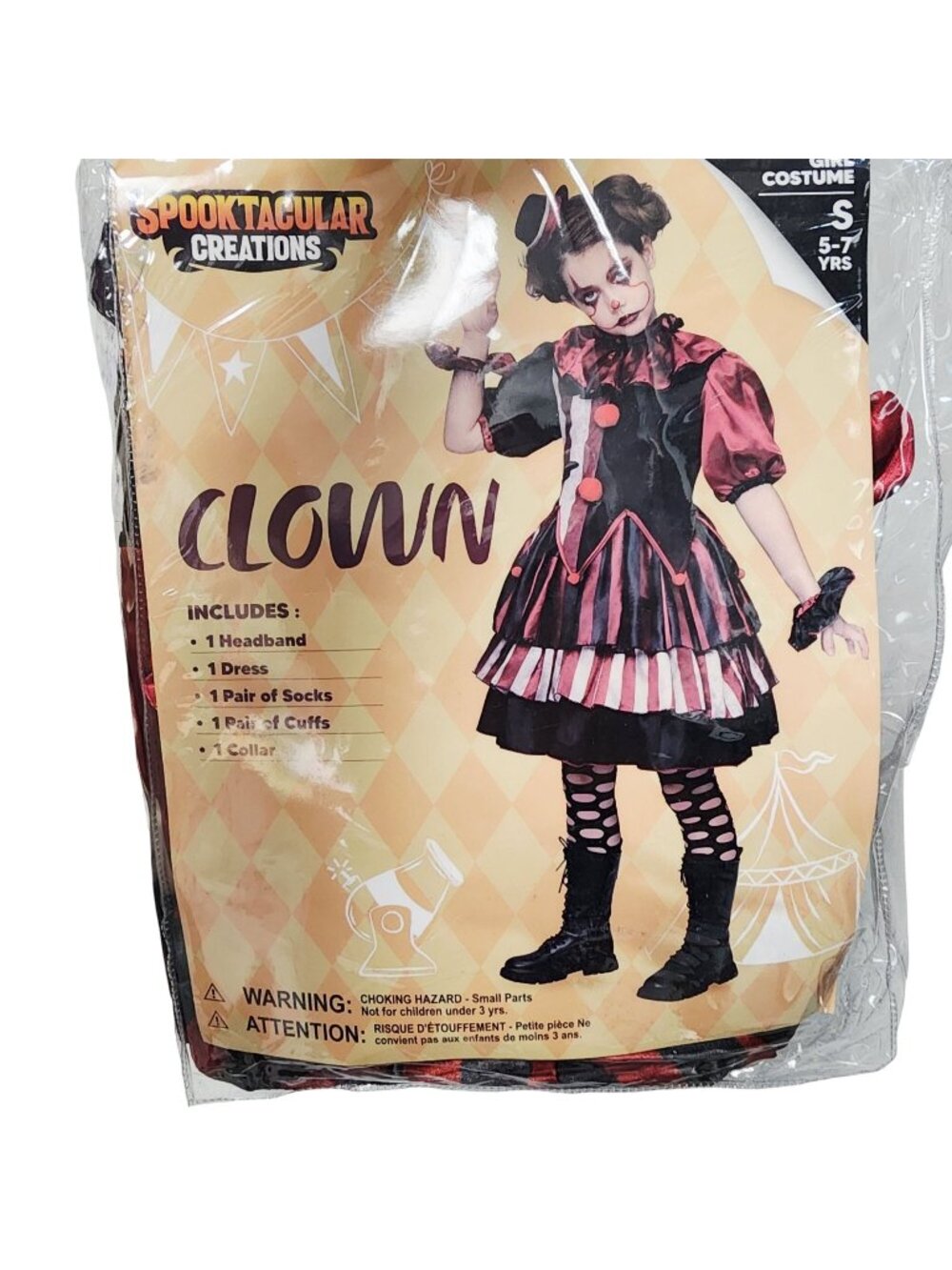 Creations Girls Clown Costume Set 5 -7 Yrs Dress Headband Collar Socks